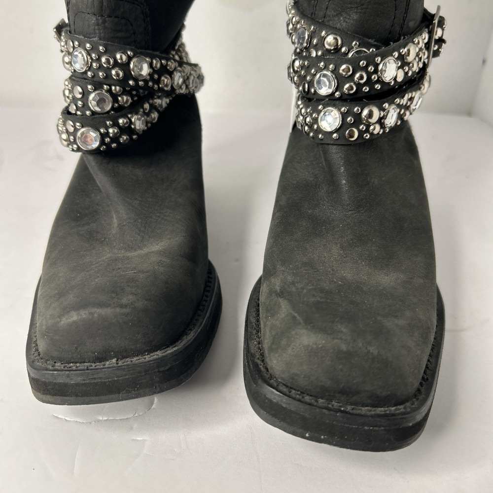 Sz 8 - ROCKET DOG Black Leather Silver Studded Rhinestone Buckle Biker Boots - Picture 5 of 15